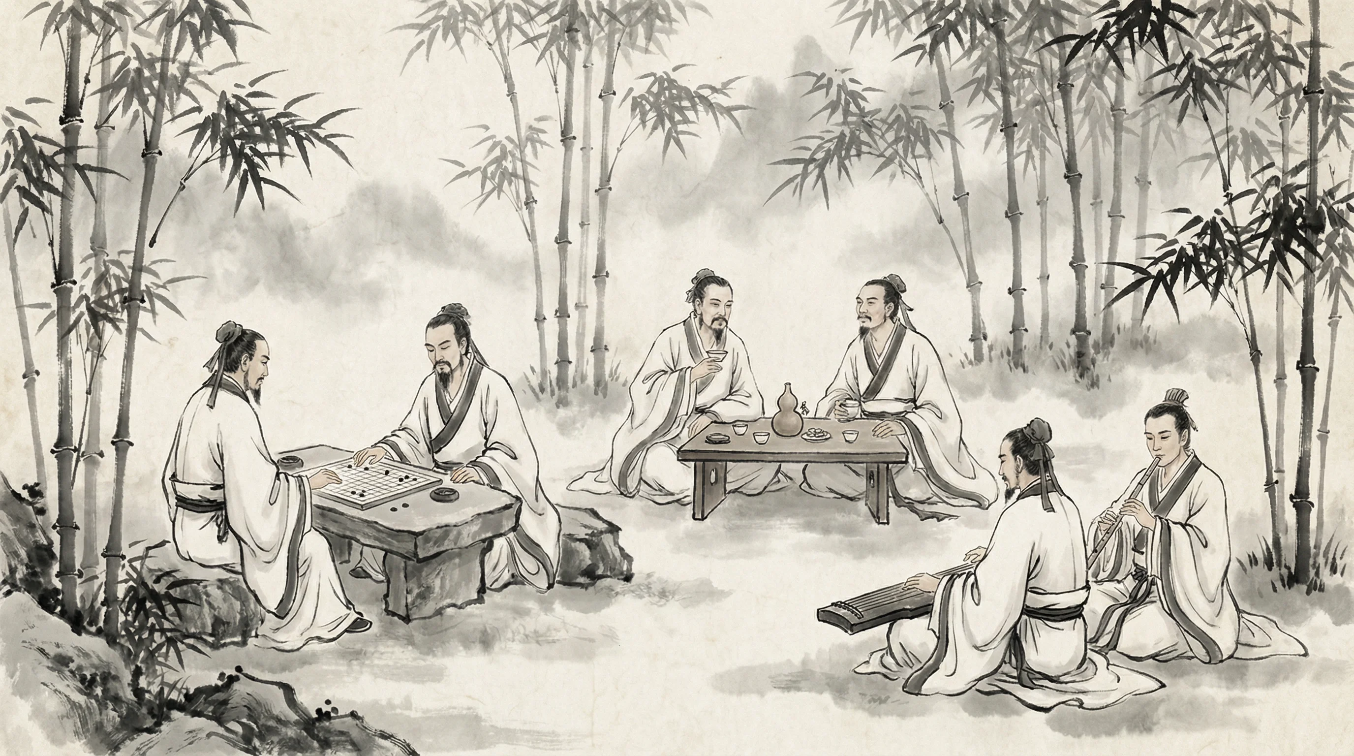 竹林七贤水墨画，与 星空棋牌 隐逸文化
